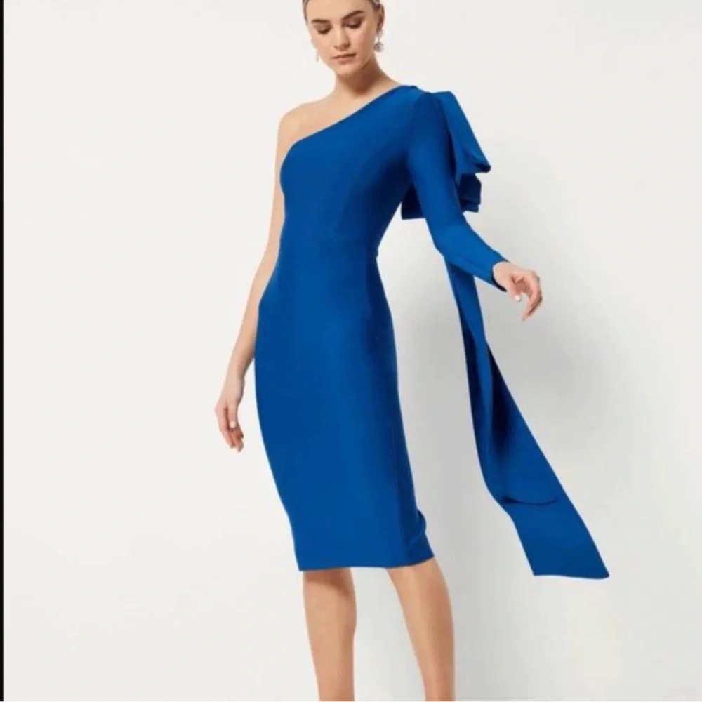 Elliatt Rhiannon Midi One Shoulder Bow Dress in Cobalt Blue size Small $230 - Picture 2 of 13